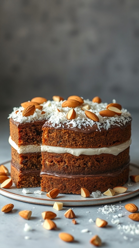 A beautifully layered Almond Joy Cake topped with almonds and coconut.