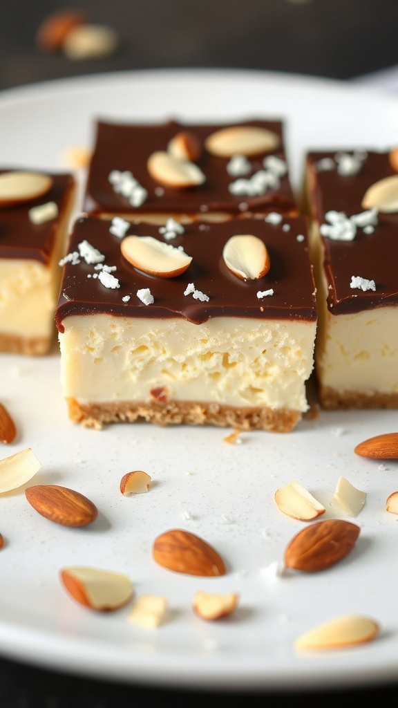Delicious Almond Joy Cheesecake Bars topped with chocolate and almonds.