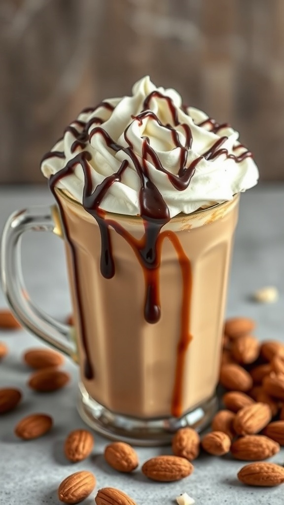 A delicious cup of Almond Joy Coffee topped with whipped cream and chocolate drizzle, surrounded by almonds.