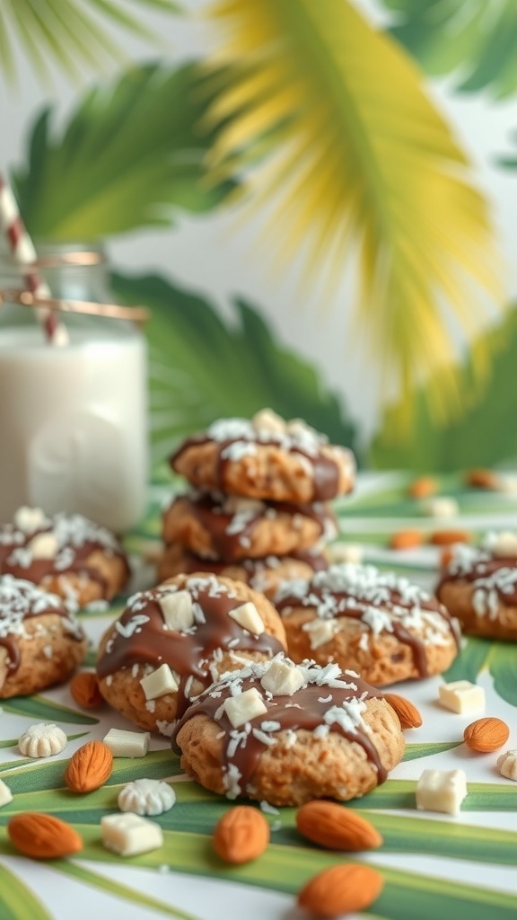 A stack of Almond Joy Cookies topped with chocolate, coconut, and almonds on a tropical background.