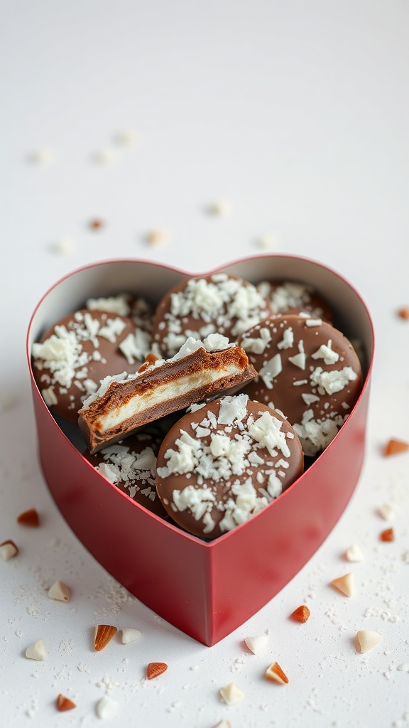 Heart-shaped box filled with Almond Joy cookies decorated with coconut and chocolate.