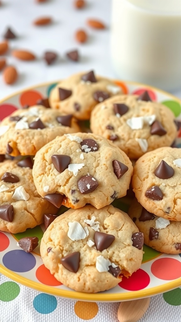 A colorful plate of Almond Joy Cookies with chocolate chips and coconut, perfect for Christmas baking.