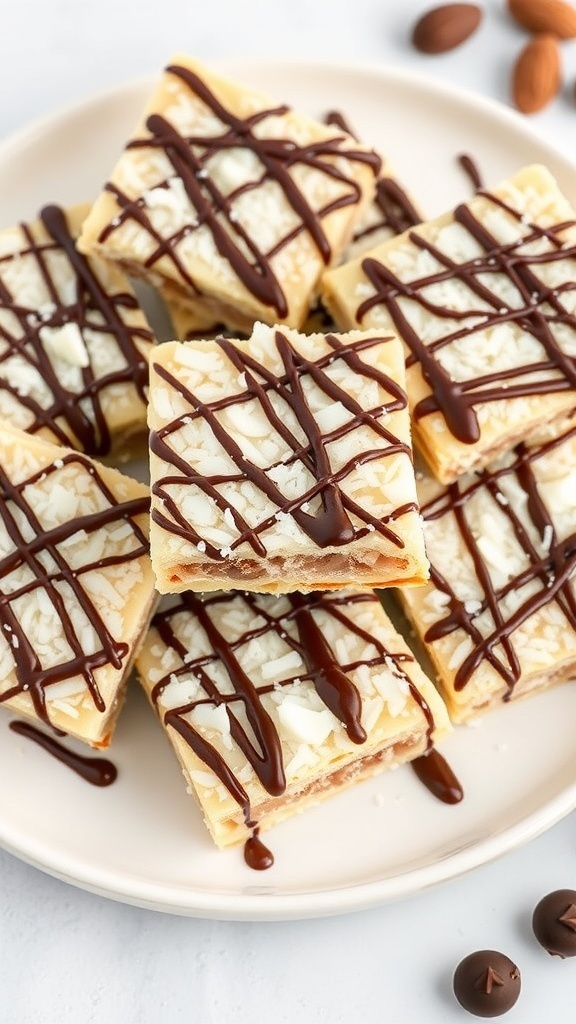 Delicious Almond Joy Puff Pastry Bars topped with coconut and drizzled with chocolate.
