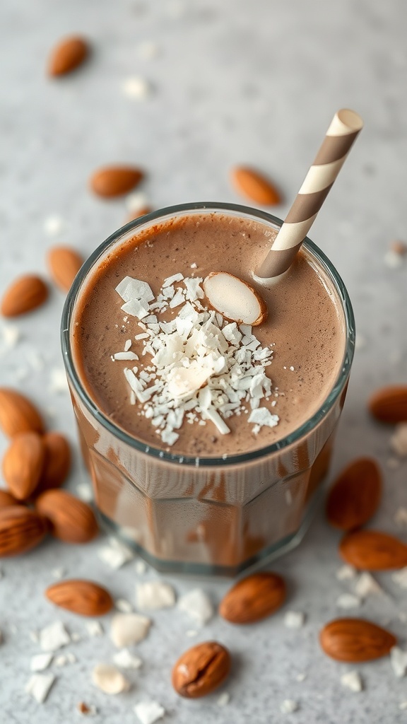 A delicious Almond Joy Smoothie topped with shredded coconut and almonds, served in a glass with a straw.