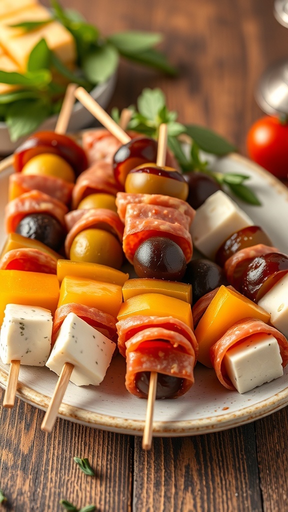 A plate of antipasto skewers with salami, cheese, olives, and red peppers.