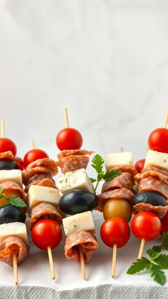 Colorful antipasto skewers with cherry tomatoes, mozzarella cheese, salami, and olives on wooden sticks.