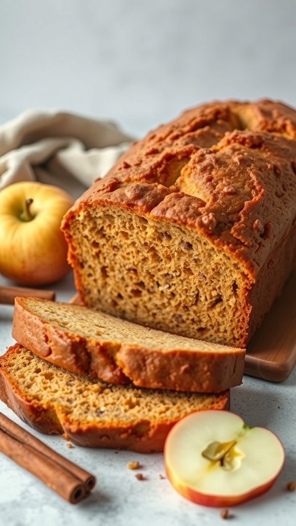 A loaf of apple-pumpkin bread with slices cut, surrounded by an apple and cinnamon sticks.