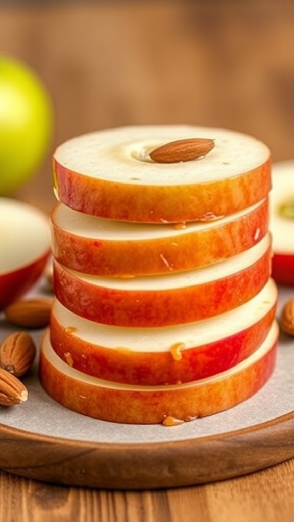 Apple slices stacked with almond butter in between