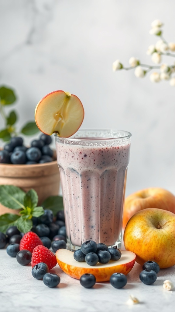 A refreshing apple and blueberry smoothie in a glass, garnished with a slice of apple and surrounded by fresh blueberries and apples.