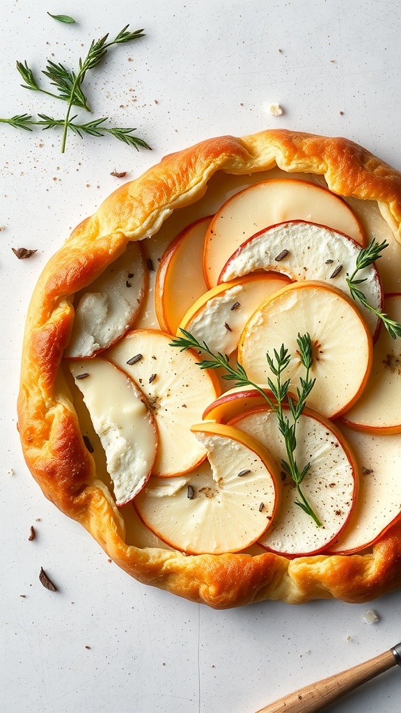 An apple and brie tart made with puff pastry, topped with thinly sliced apples and fresh herbs.