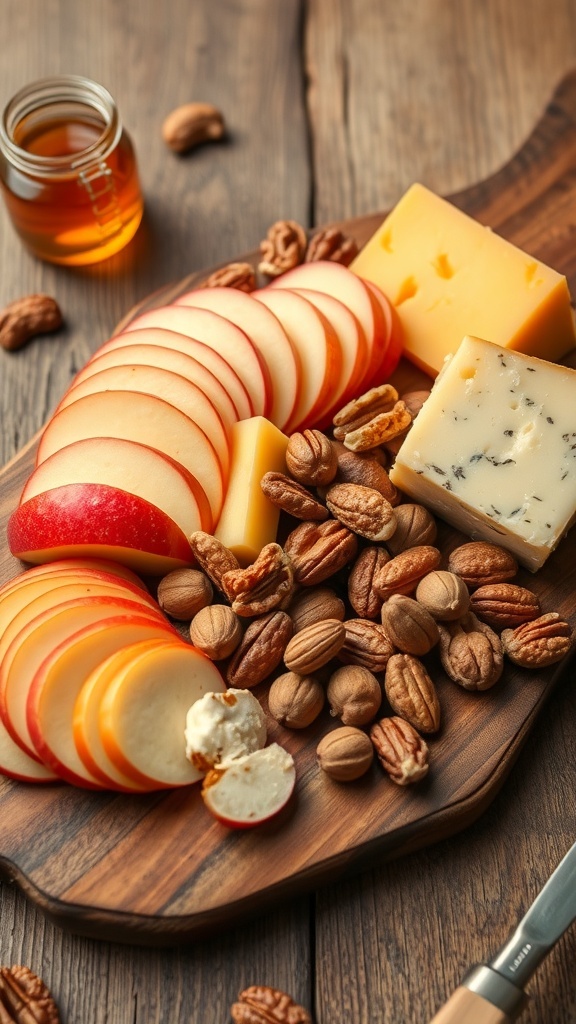 A wooden platter with sliced apples, cheddar cheese, nuts, and a jar of honey.