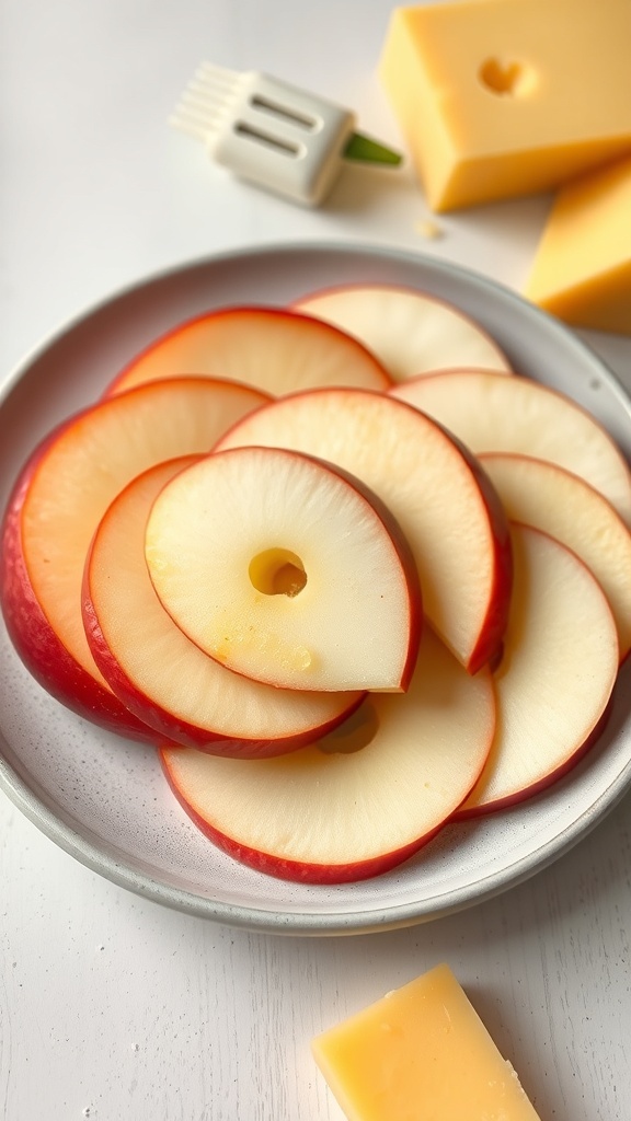 A platter of sliced apples and cheddar cheese, garnished with herbs.