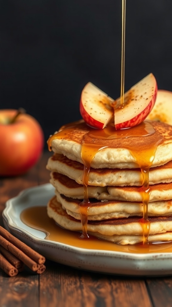 Stack of apple and cinnamon pancakes with syrup and apple slices on top