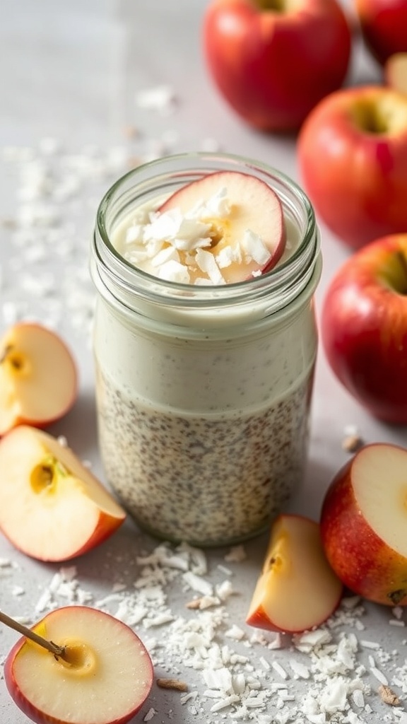 A jar of apple and coconut chia pudding topped with apple slices and shredded coconut, surrounded by fresh apples.