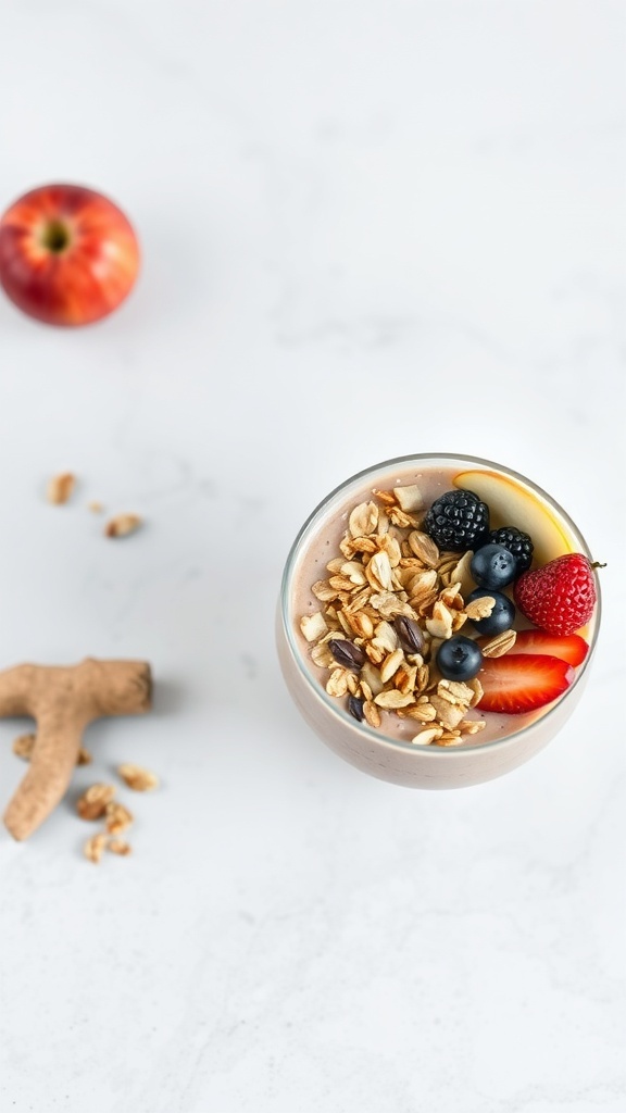 A delicious apple and ginger smoothie bowl topped with granola and fresh berries.