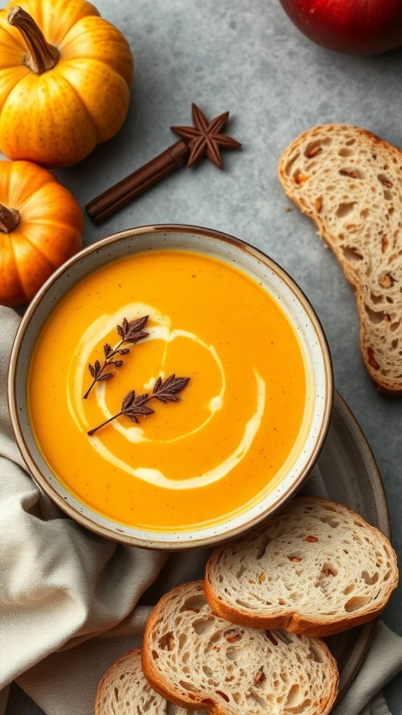 A bowl of apple and pumpkin soup with spices, surrounded by pumpkins, apples, and slices of bread.