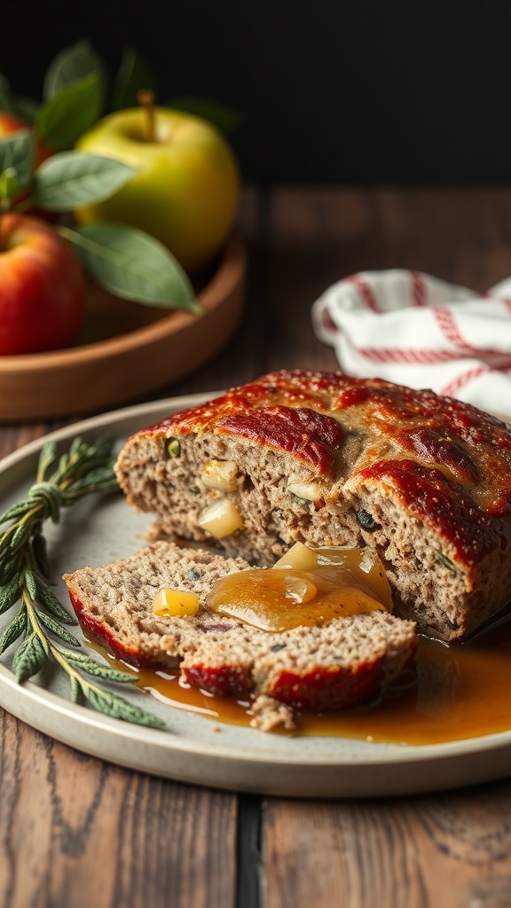 A sliced apple and sage meatloaf on a plate, garnished with rosemary and served with a sauce, with apples in the background.