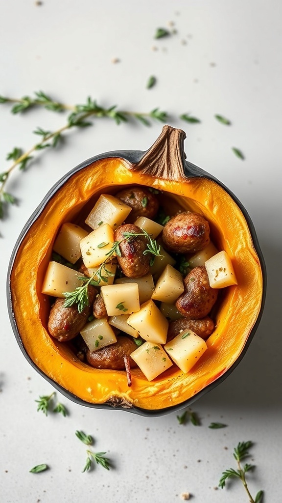 A roasted acorn squash filled with sausage, apples, and herbs.