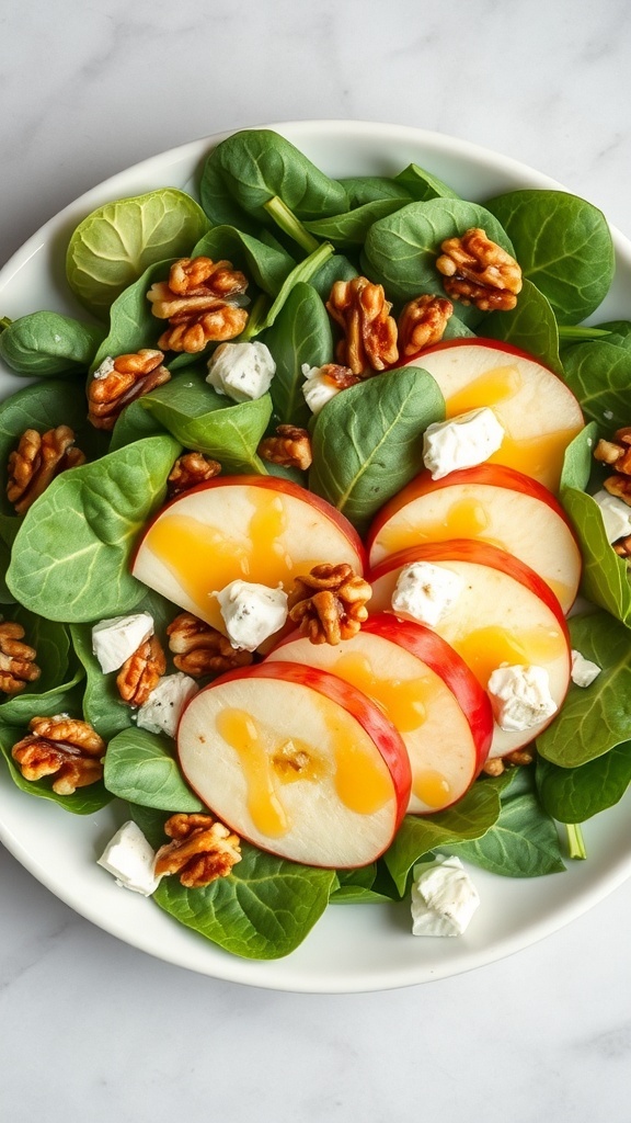 A fresh apple and spinach salad with goat cheese and walnuts on a white plate.