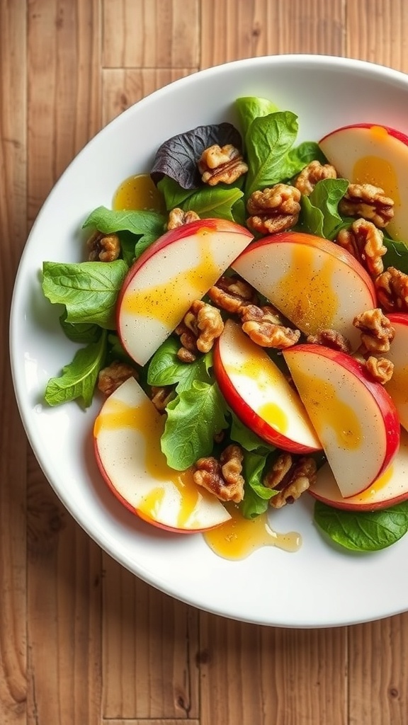 A fresh apple and walnut salad with sliced apples, walnuts, and mixed greens drizzled with dressing on a white plate.