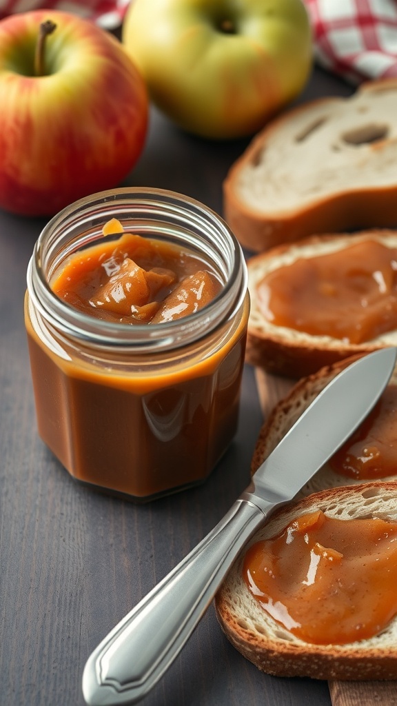 A jar of apple butter spread next to slices of bread topped with apple butter, with fresh apples in the background.