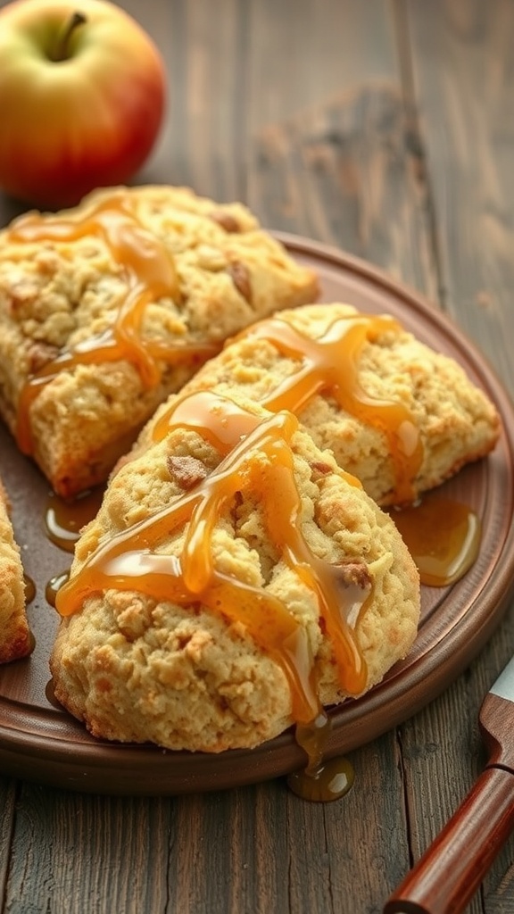 Delicious apple cheddar scones drizzled with honey glaze on a wooden plate.