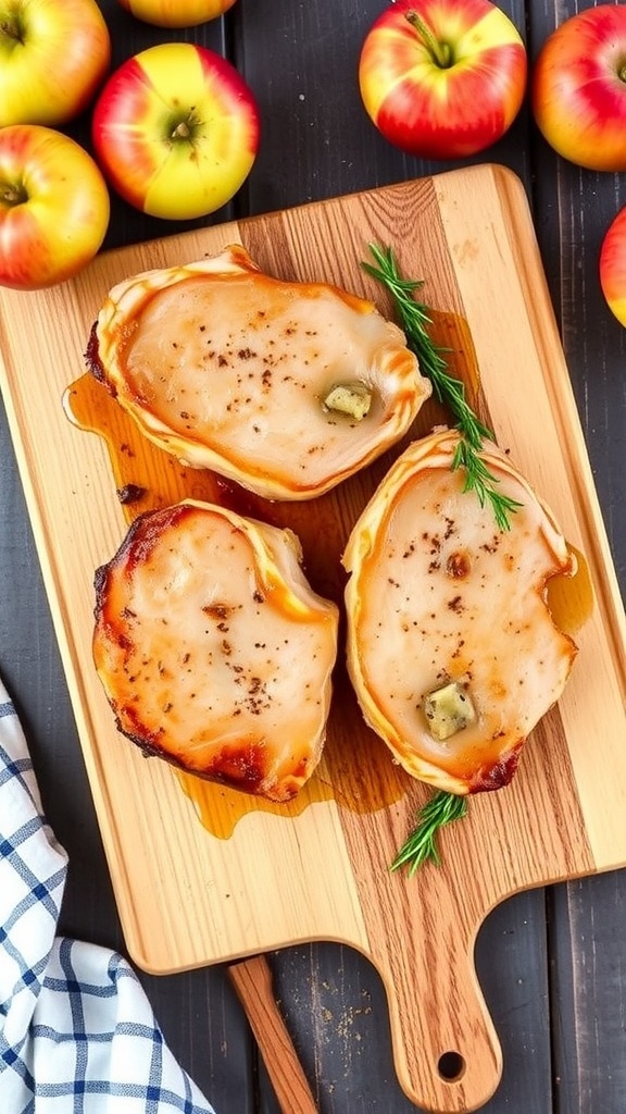 Juicy apple cider brined pork chops on a wooden cutting board with fresh apples and spices.