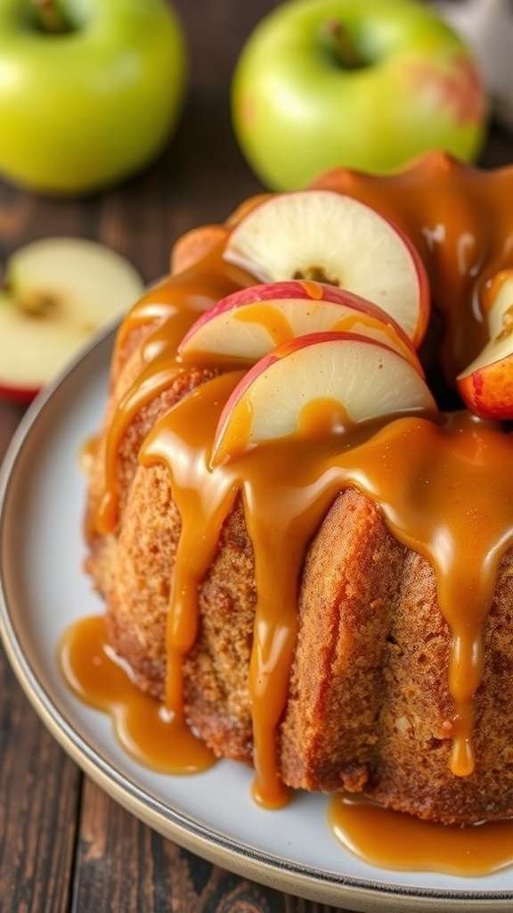 A delicious apple cider cake topped with caramel drizzle and apple slices.