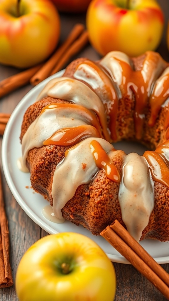 A bundt cake topped with cinnamon glaze, surrounded by fresh apples and cinnamon sticks.