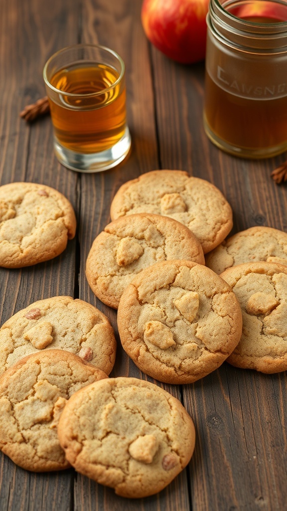 A plate of freshly baked apple cider cookies with apples and a glass of apple cider in the background.