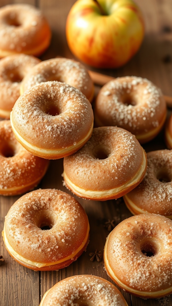 A pile of apple cider donuts dusted with sugar on a wooden surface.