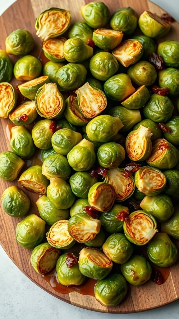 A wooden platter filled with caramelized Brussels sprouts, some cut in half, showcasing their vibrant green color and a glossy apple cider glaze.