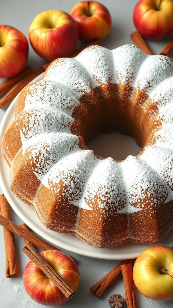 A delicious Apple Cinnamon Bundt Cake surrounded by fresh apples and cinnamon sticks.