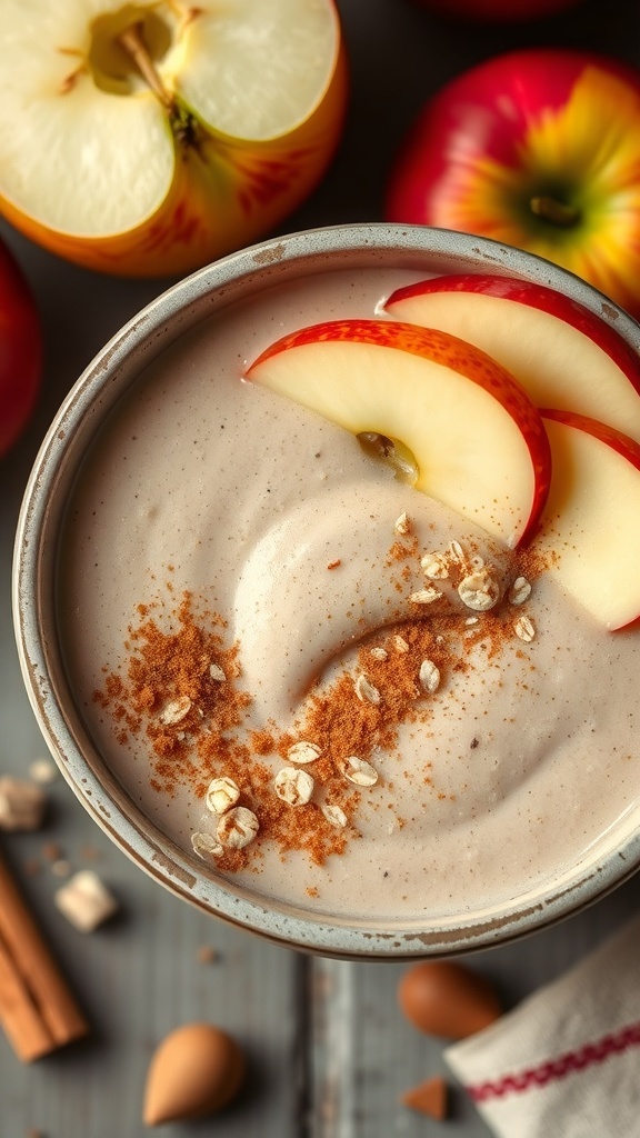 A bowl of Apple Cinnamon Oat Smoothie topped with apple slices and oats, with whole apples and a gray cloth in the background.