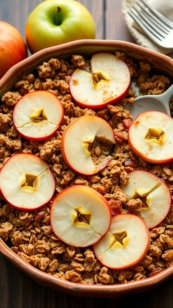 A baked oatmeal dish topped with apple slices, surrounded by fresh apples.