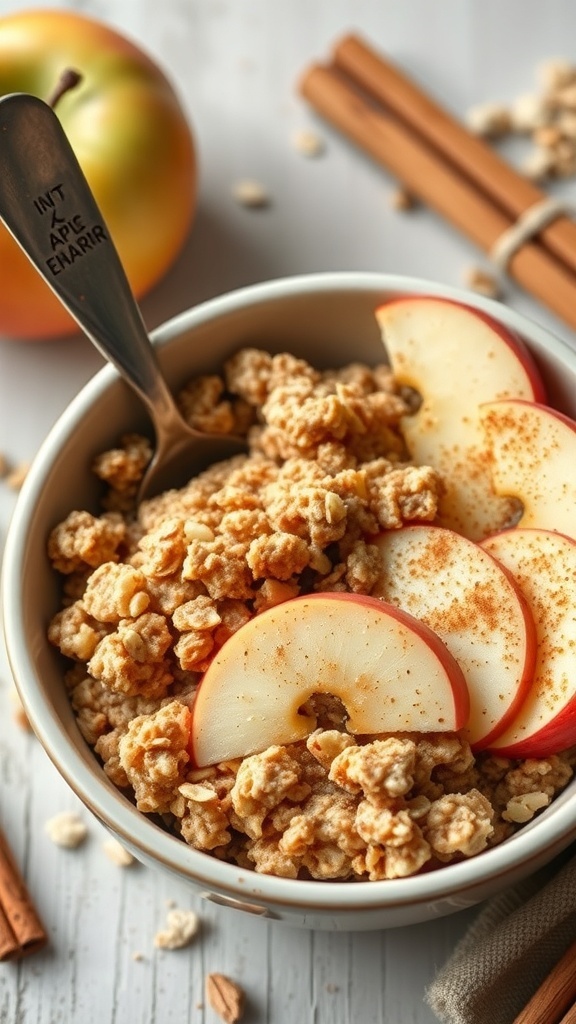 A bowl of apple cinnamon oatmeal bake with fresh apple slices and cinnamon sticks