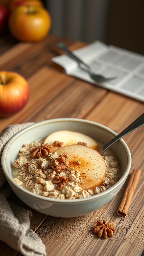 A cozy bowl of apple cinnamon oatmeal topped with apple slices and walnuts