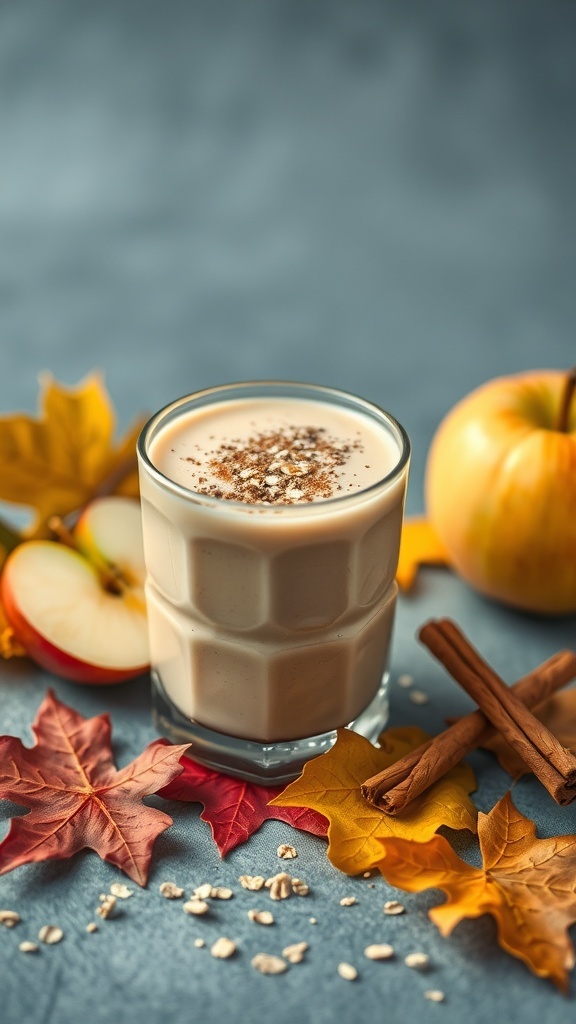 A glass of apple cinnamon oatmeal smoothie surrounded by apples, cinnamon sticks, and autumn leaves.