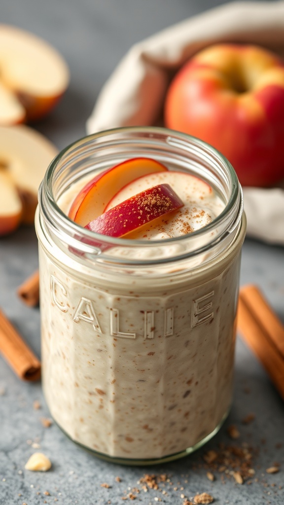 A jar of apple cinnamon overnight oats with apple slices and a cinnamon stick.