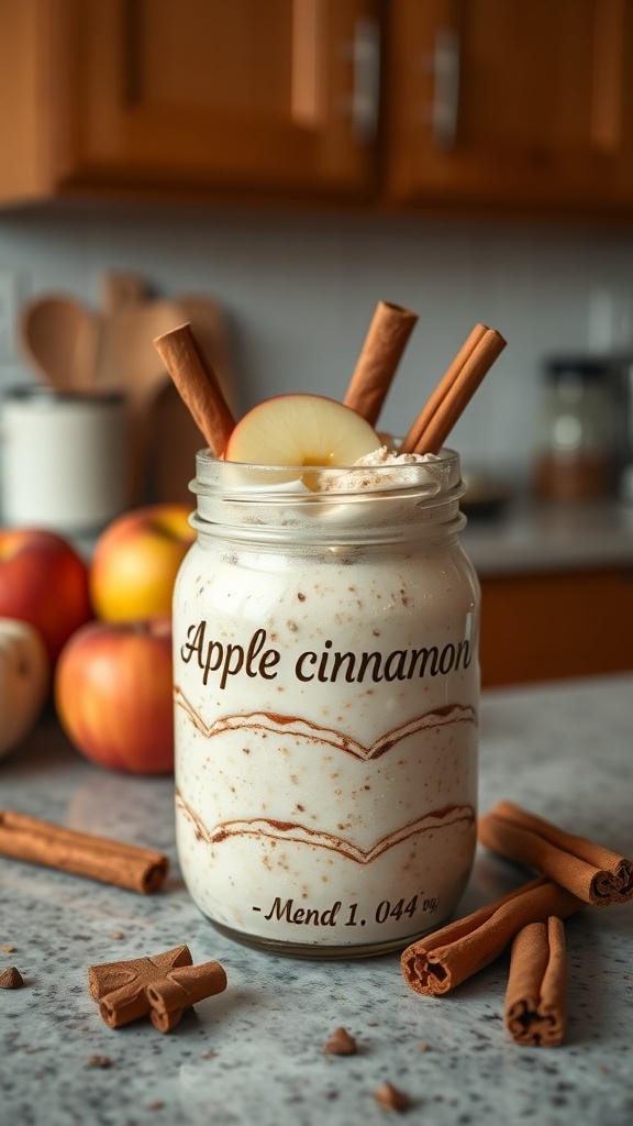 A jar of apple cinnamon overnight oats topped with apple slices and cinnamon sticks.
