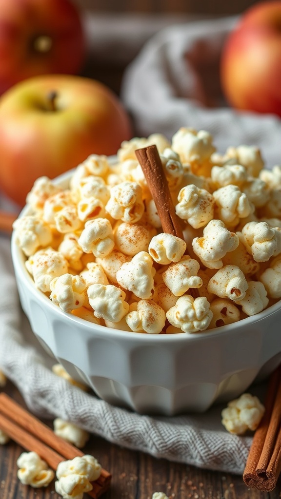 A bowl of Apple Cinnamon Popcorn with apples in the background