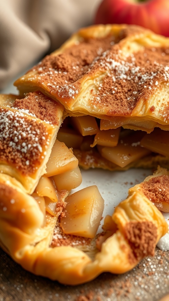A delicious apple cinnamon puff pastry strudel with powdered sugar and cinnamon on top.