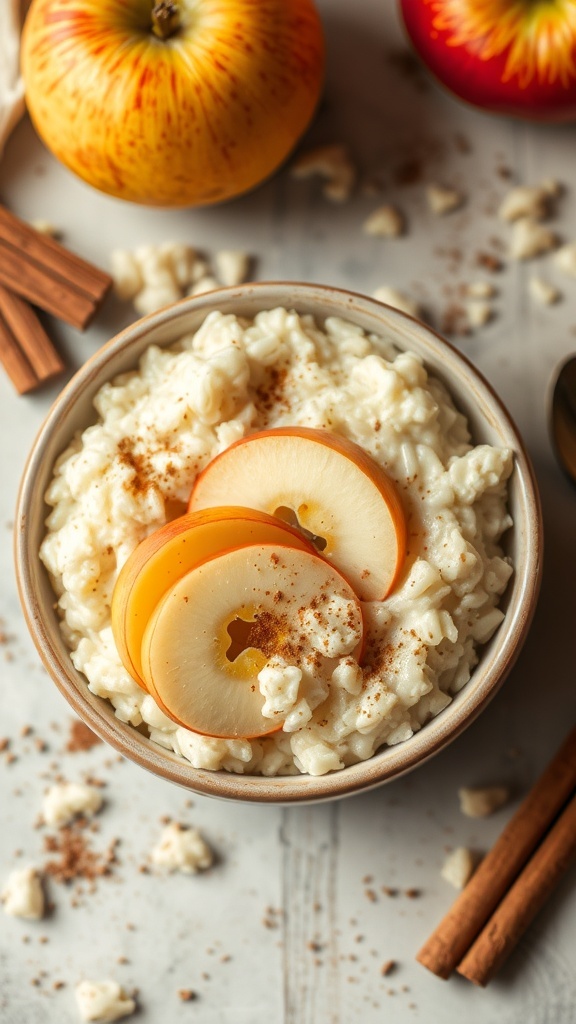 A bowl of apple cinnamon rice pudding topped with apple slices and cinnamon, with fresh apples in the background.