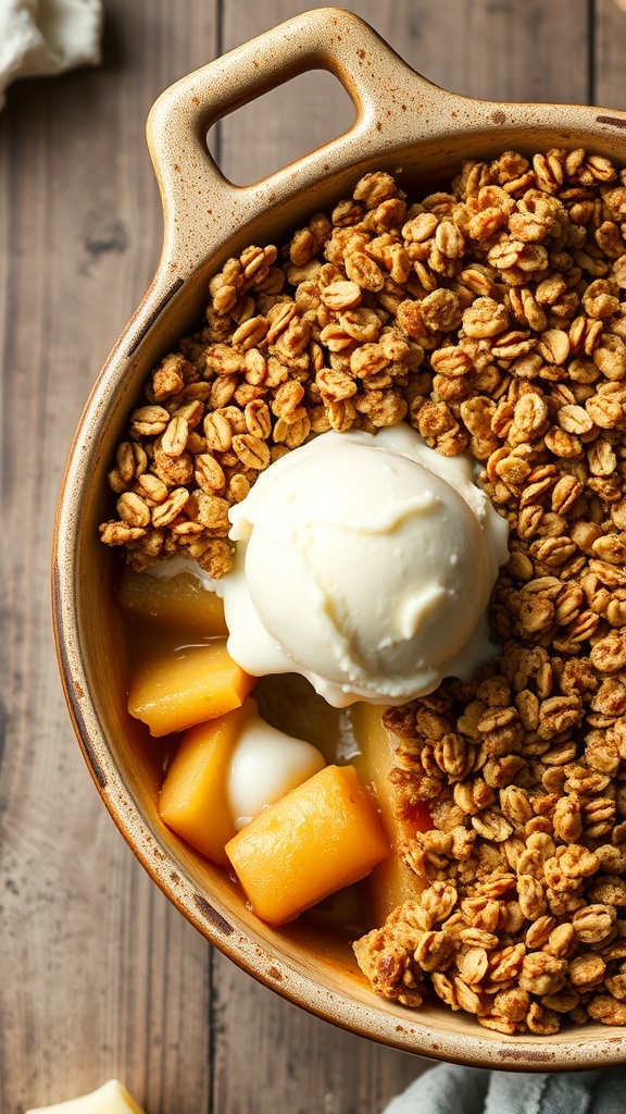 A delicious apple crisp with oat topping and a scoop of vanilla ice cream