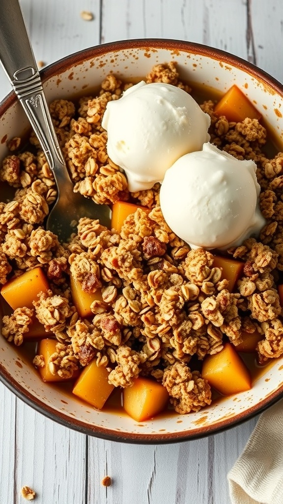 A bowl of apple crisp with oat topping and two scoops of ice cream on top.