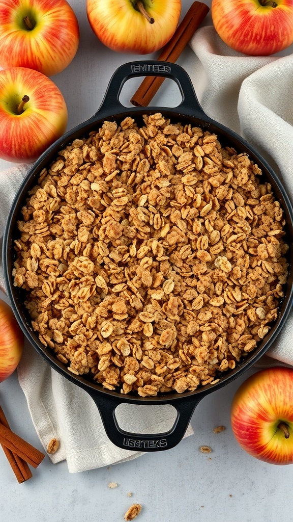 A delicious apple crisp with oat topping, surrounded by fresh apples and cinnamon sticks.