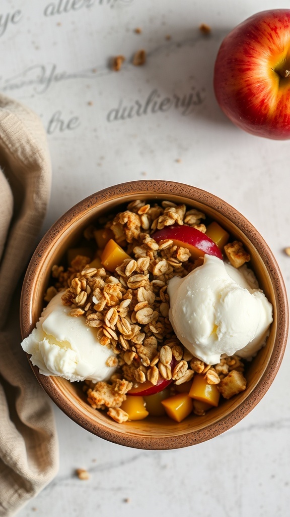 A bowl of apple crisp with oat topping, served with ice cream and a fresh apple beside it.