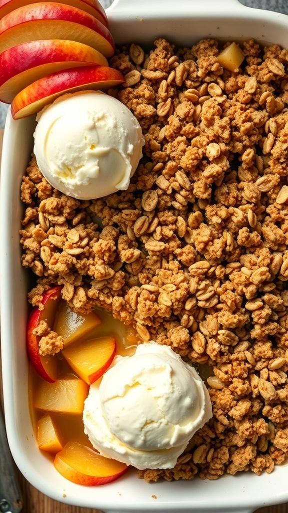 A delicious apple crisp with oat topping, served with scoops of vanilla ice cream and slices of fresh apples.
