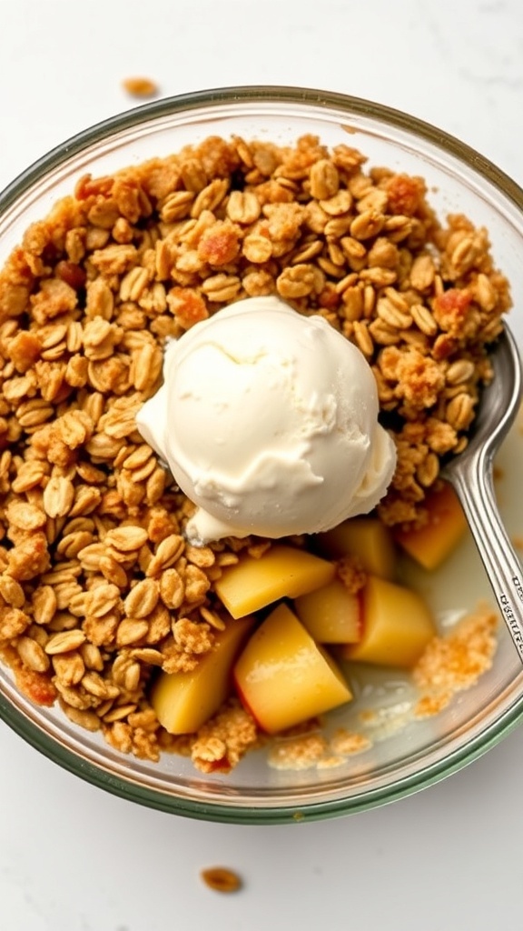 A bowl of apple crisp with oat topping and a scoop of vanilla ice cream