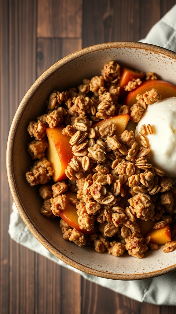 A bowl of apple crisp with oat topping, featuring sliced apples and a crunchy topping, served with a scoop of ice cream.